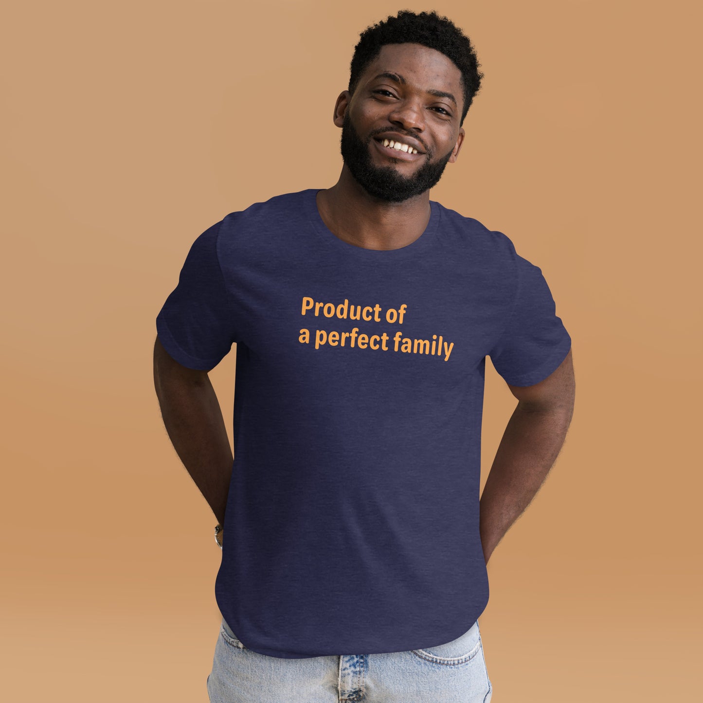Product of a Perfect Family - Orange Text - Mens T-Shirt