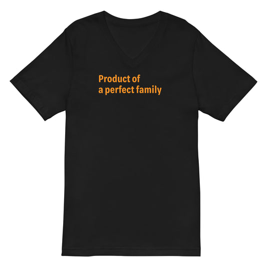 Product of a Perfect Family - Orange Text - Mens V-Neck T-Shirt