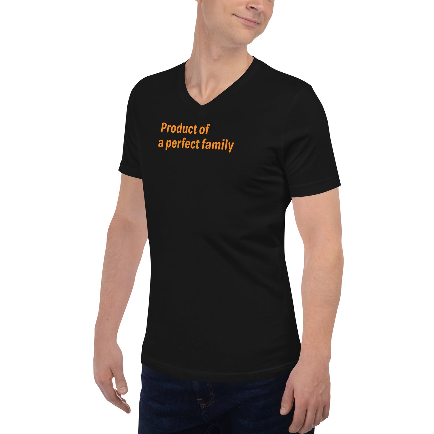 Product of a Perfect Family - Orange Text - Mens V-Neck T-Shirt
